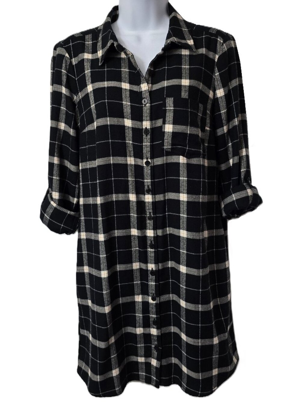 NEW Abercrombie Fitch Flannel Dress S Petite Roll Tab Sleeve Pocket Black Plaid